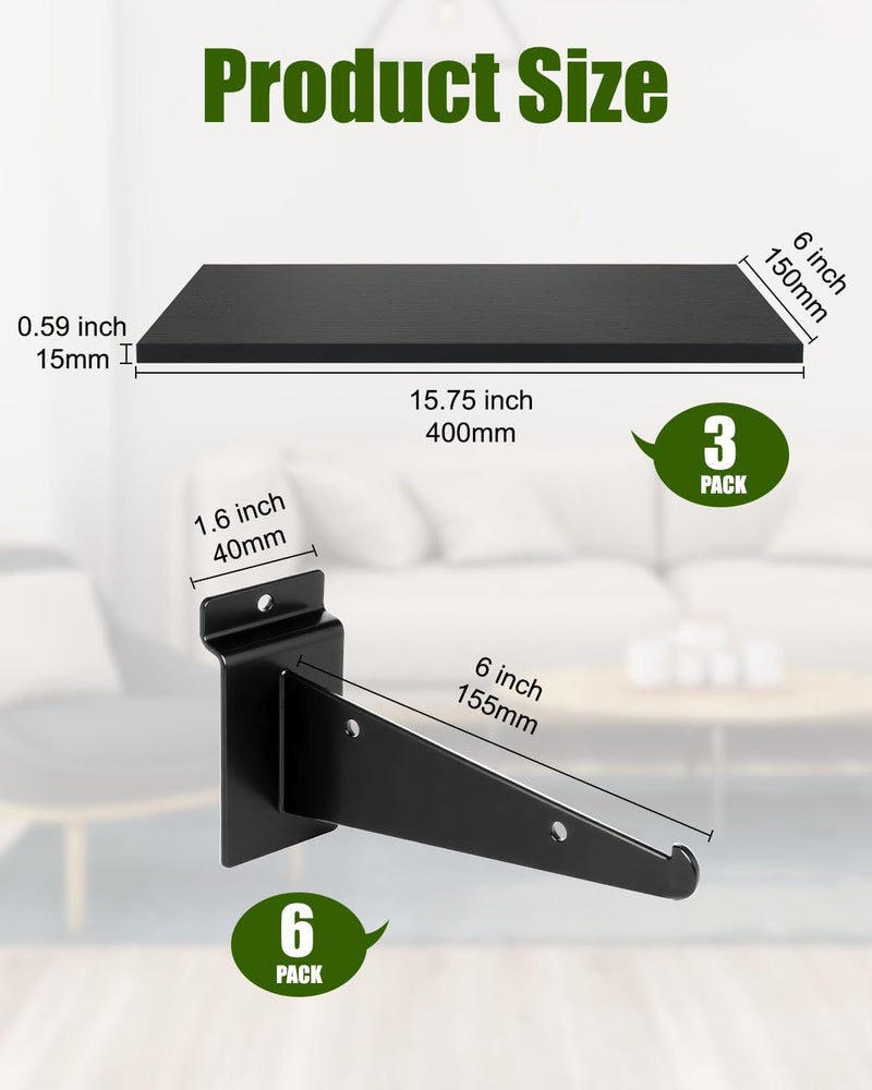Alffun 6 Pack Heavy Duty Slatwall Shelves, 16x6 Inch Wooden Slat Wall Shelf with Metal Brackets - Space Saving Garage Organizer, Easy Install for Home Retail & Boutiques (Black) - Image 5